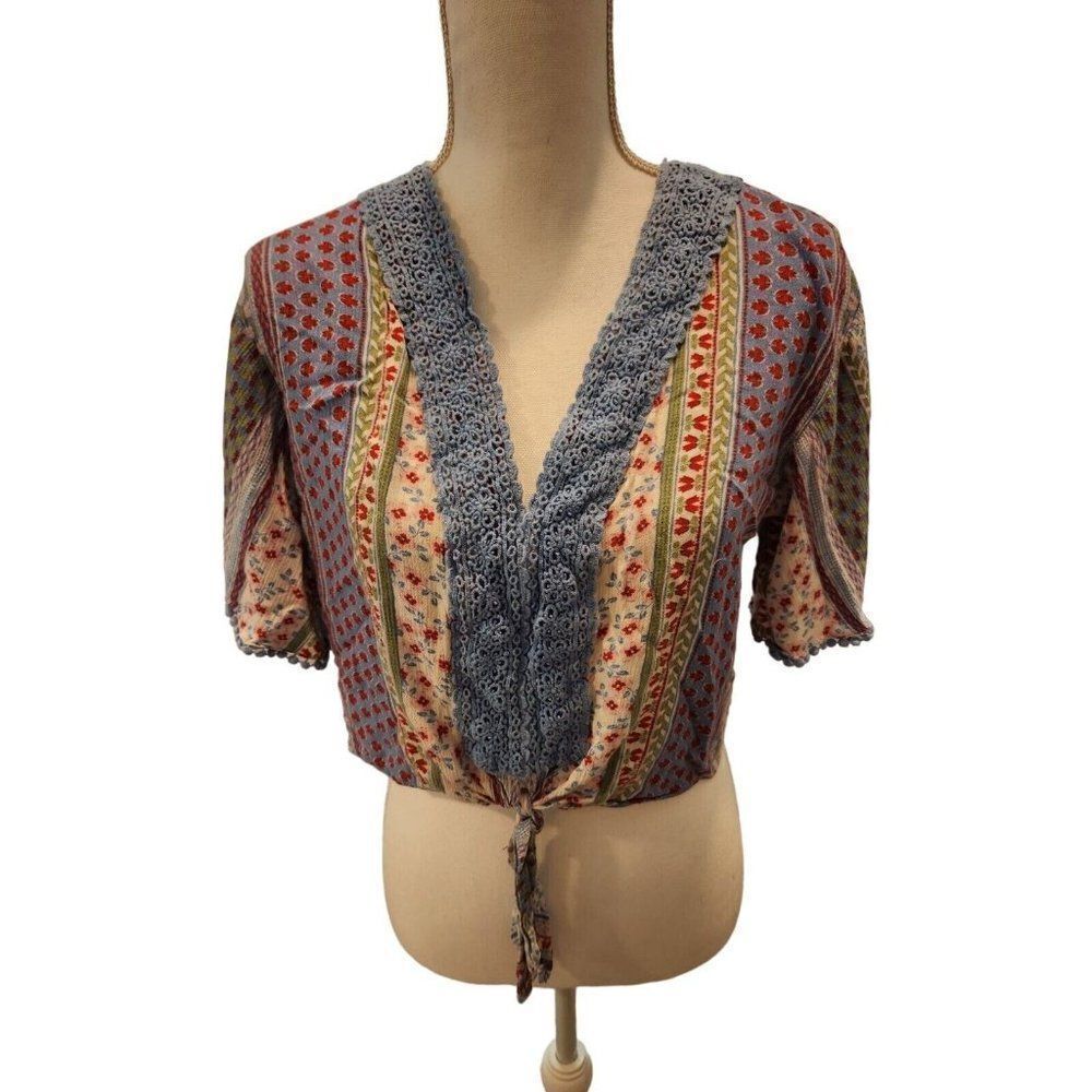 Gypsies Moondust Blue Red Green Floral Tie Crop Top S Boho Hippie